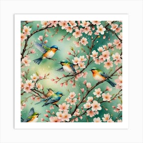 Birds In Cherry Blossoms Art Print