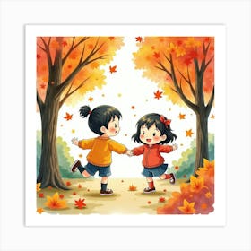 Japanese Children Playing In A Garden Surrounded By Colorful Autumn Leaves, Joyful Scene, Watercolor Art Print