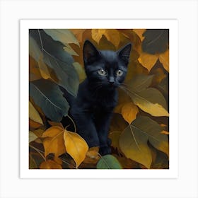 Black Kitten In Autumn Leaves 1 Art Print