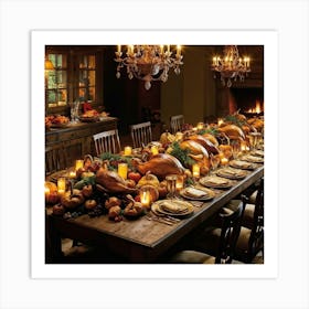 A Beautifully Prepared Thanksgiving Banquet Seated Under The Warm Glow Of Recessed Lighting In A Rus Art Print