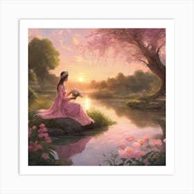 Sunset Serenity Woman By The River In A Pink Dress (4) Art Print