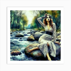 Beautiful Woman By The River Art Print