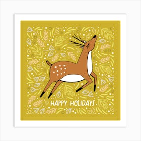 Christmas Deer Yellow Square Illustrated Art Print