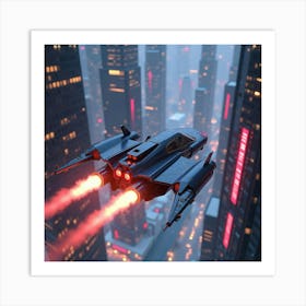 Futuristic Flying Car With Jet Powered Engines, Soaring Through Neon Lit Skyscrapers 1 Art Print