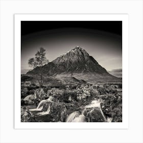 Mountain Waterfall Bw Wallpaper 1024x1024 Art Print