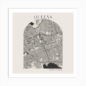 Queens New York Boho Minimal Arch Full Beige Color Street Map Art Print