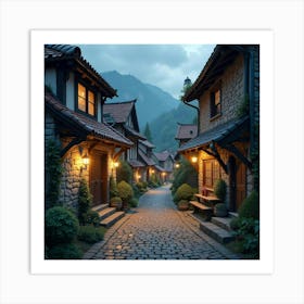 Charming Village With Cobblestone Streets And Lanterns 1 Art Print