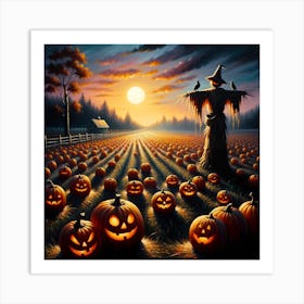 Scarecrow In Pumpkin Field Art Print