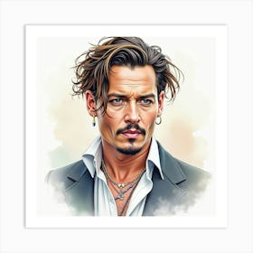 Elegant Watercolor Painting Of Johnny Depp, Pastel Hues, Timeless Expression Art Print