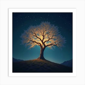 A Glowing Tree With Branches Reaching Into The Sky, Surrounded By Stars 1 Art Print