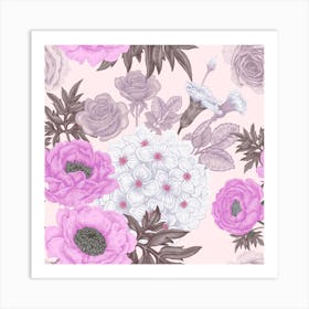 Seamless Pattern With Flowers Roses Peonies Hydrangeas Carnations Art Print