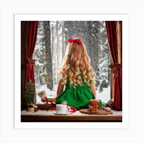 Firefly Little Girl, Blonde, Red Bow, Green Dress, Looking Out, Window, Snow Covered Forest, Fabulou (3) Art Print