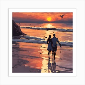 Couple Walking On The Beach At Sunset 1 Art Print