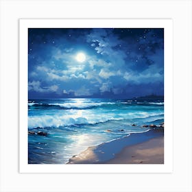 AI Tranquil Beach Scene Beneath A Luminous Moonlit Sky Art Print