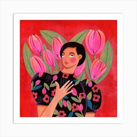 Woman with Tulips Art Print