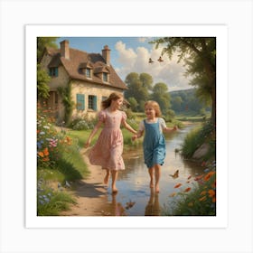 Two Girls In A Stream Art Print