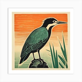 Retro Bird Lithograph Green Heron 4 Art Print