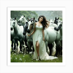 Beautiful Woman With Horses Art Print
