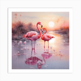 Ethereal Waters: Impressionist Flamingos Art Print