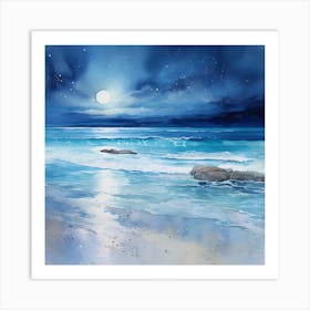 Serenade of the Night: Impressionistic Moonlit Beach Art Print