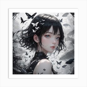 Girl With Black Hair And Butterflies Art Print