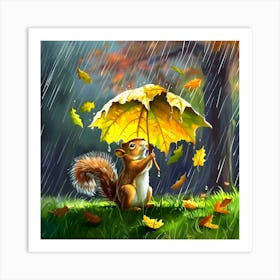 Squirrel With A Leafy Umbrella Art Print