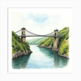 Watercolor Scene Of The Clifton Suspension Bridge In Bristol, Spanning The Avon Gorge Art Print