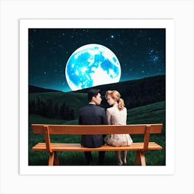 Couple Sitting On A Bench At Night Art Print