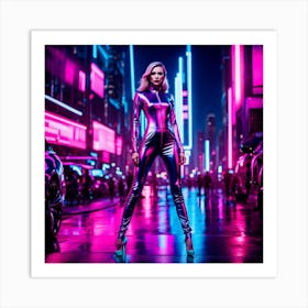 Neon Girl In Futuristic City Art Print