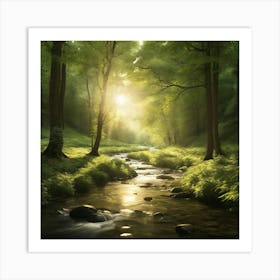 A captivating scene of a lush green forest with golden sunlight filtering through the trees. The leaves are gently swaying in the breeze, and a stream flows with sparkling water, reflecting the light. The atmosphere should be peaceful and serene Art Print