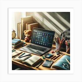 A laptop computer on a desk with various stationary items. Art Print