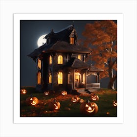 Halloween House With Pumpkins Art Print