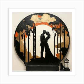 Silhouettes Couple of lovers, Deco Art Art Print