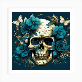 Sugar Skull With Blue Flowers Art Print