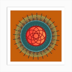 Mid-Century Modern Boho Abstract Celestial Mandala, Geometric in Rust, Aqua, and Olive Art Print