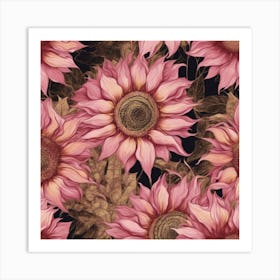 Seamless Pattern Of Elegant Sunflower Floral Motifs In Pink, Adorned With Gold Lines 1 Art Print