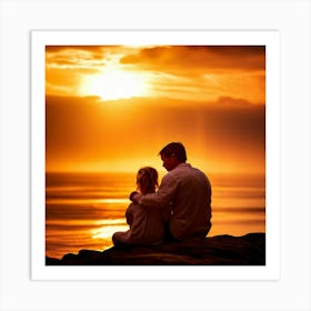 Sunset With Father And Daughter Art Print