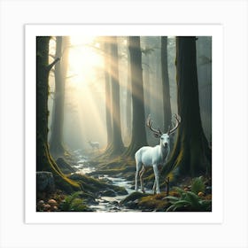 Majestic White Deer in the Forest Art Print