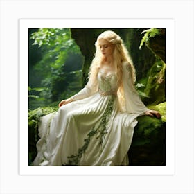 A Radiant Blond Woman With Flowing Locks Draped In A Pristine White Medieval Dress Is Perched Gracefully Art Print