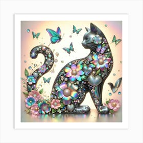 Cat With Butterflies And Flowers 1 Art Print