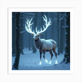 An Elk With Antlers Made Of Ice Crystals, Walking Through A Snow Covered, Glowing Forest Art Print