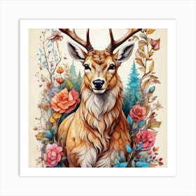 Deer With Roses 1 Art Print