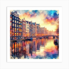 Amsterdam Canal Houses Reflected In A Dreamy Watercolor Sunset, Style Watercolor 1 Art Print