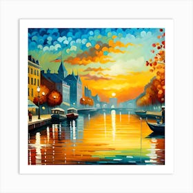 Sunset On The Canal Abstract Oil Paintings Art Print