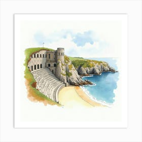 Watercolor Painting Of The Minack Theatre In Cornwall, Capturing Its Dramatic Location And Striking Architecture Art Print