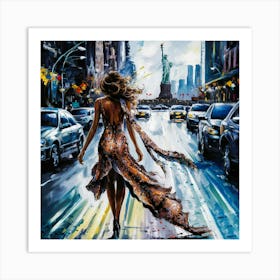 Oil Painting Sexy Woman with Liberty Statue Art Print