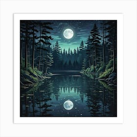 Lake Environment Landscape With Moon Art Print (1) Art Print