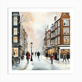 Amsterdam cafes, winter season, Christmas, pale colors, pedestrians in the street, winter clothes, falling snow. Art Print