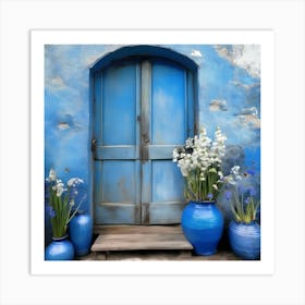 Blue wall. An old-style door in the middle, silver in color. There is a large pottery jar next to the door. There are flowers in the jar Spring oil colors. Wall painting.13 Art Print