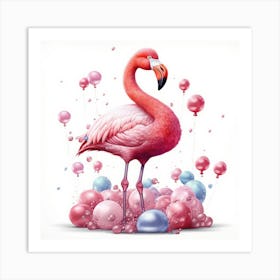 Pink Flamingo With Balloons Art Print